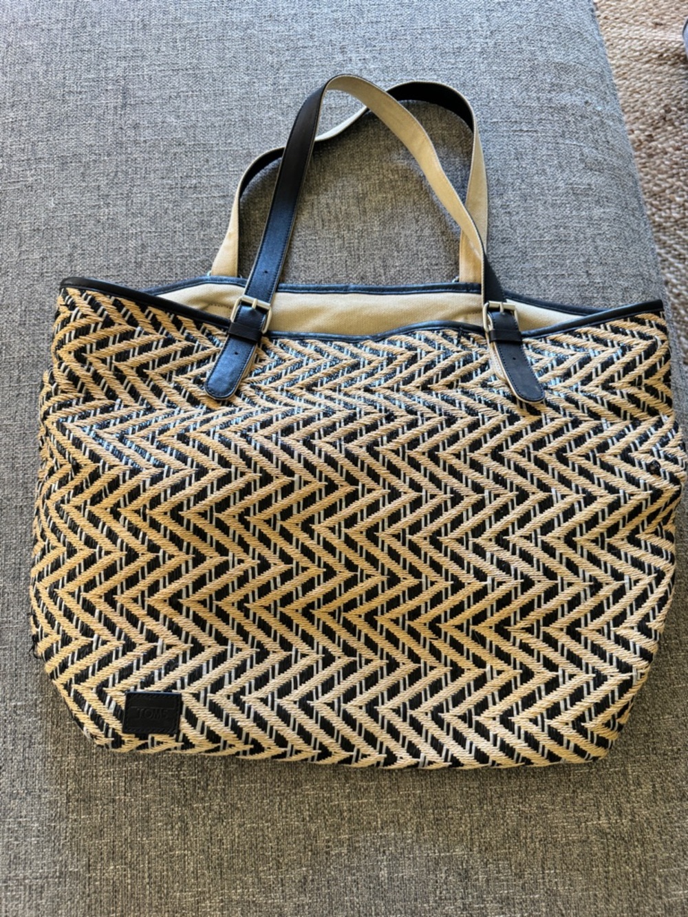 Toms Black and Natural Woven Tote with Leather Handles